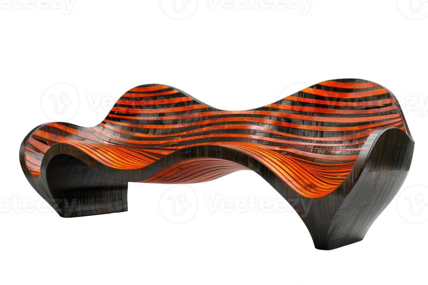A wooden bench with orange stripes and black stripes. The bench is curved and has a unique design png