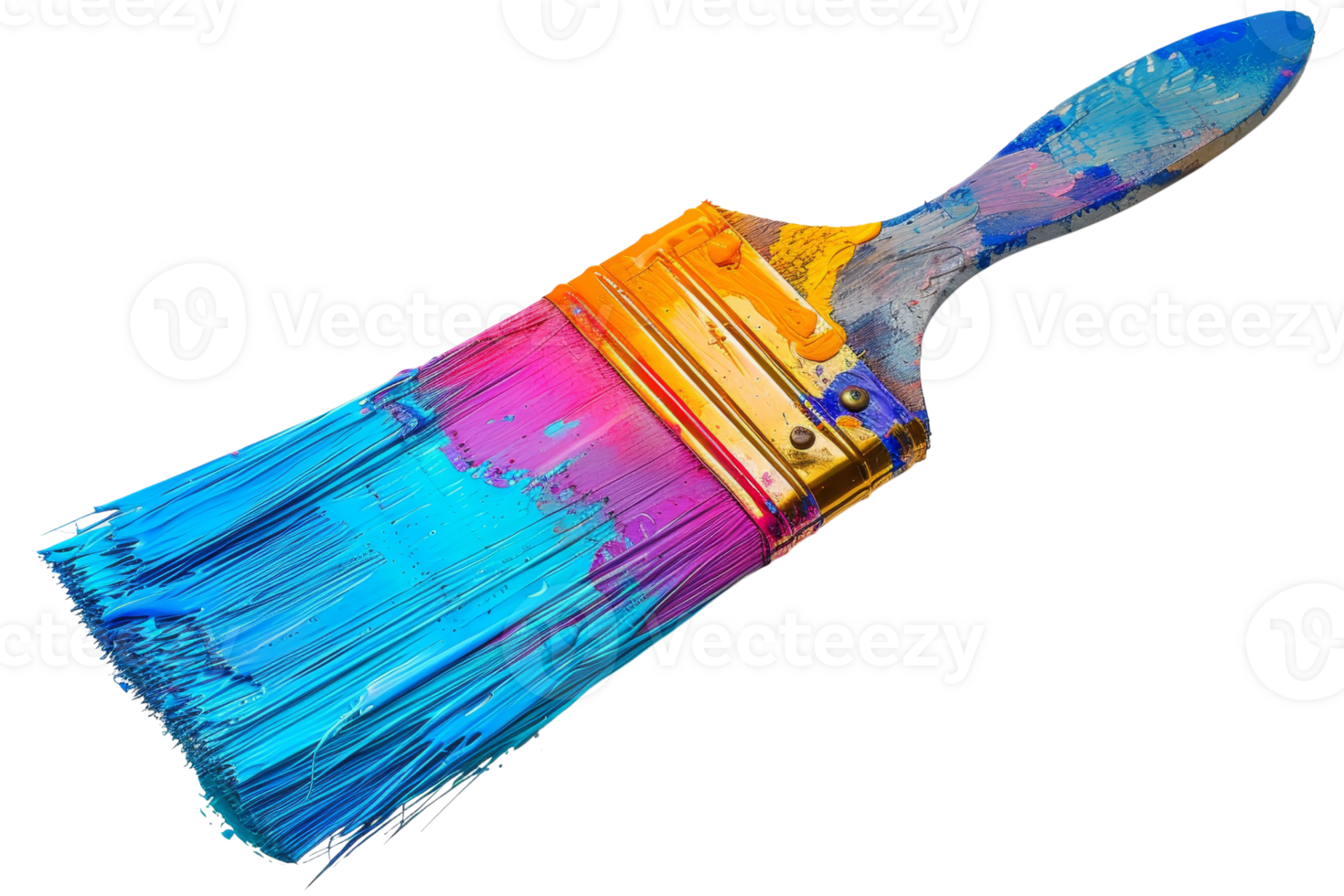A paintbrush with a blue, yellow, and red handle. The brush is used for painting png