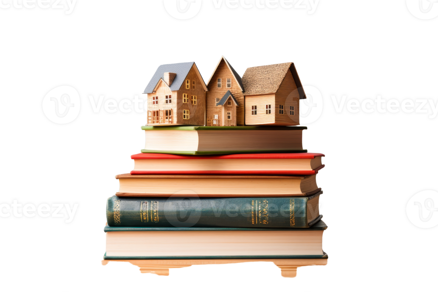 A stack of books with a house on top. The house is made of wood and is small in size. The books are of different sizes and colors, and they are stacked on top of each other png