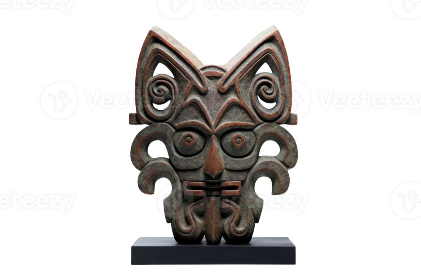 A cat face sculpture made of stone. The sculpture is brown and has a cat's face with a cat's eyes png