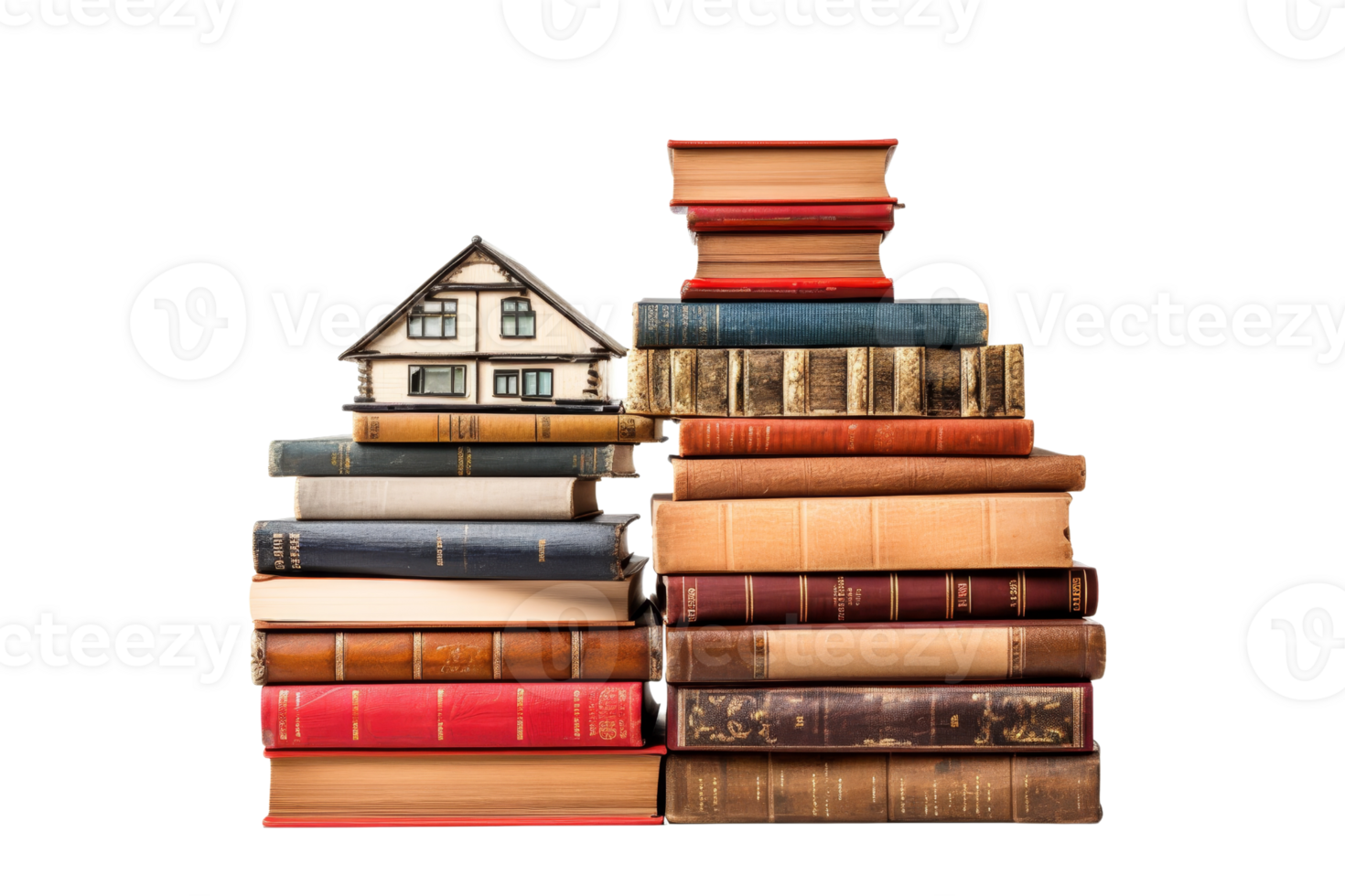 A stack of books with a small house on top. The house is made of wood and has a slanted roof. The books are of different sizes and colors, and they are piled on top of each other png