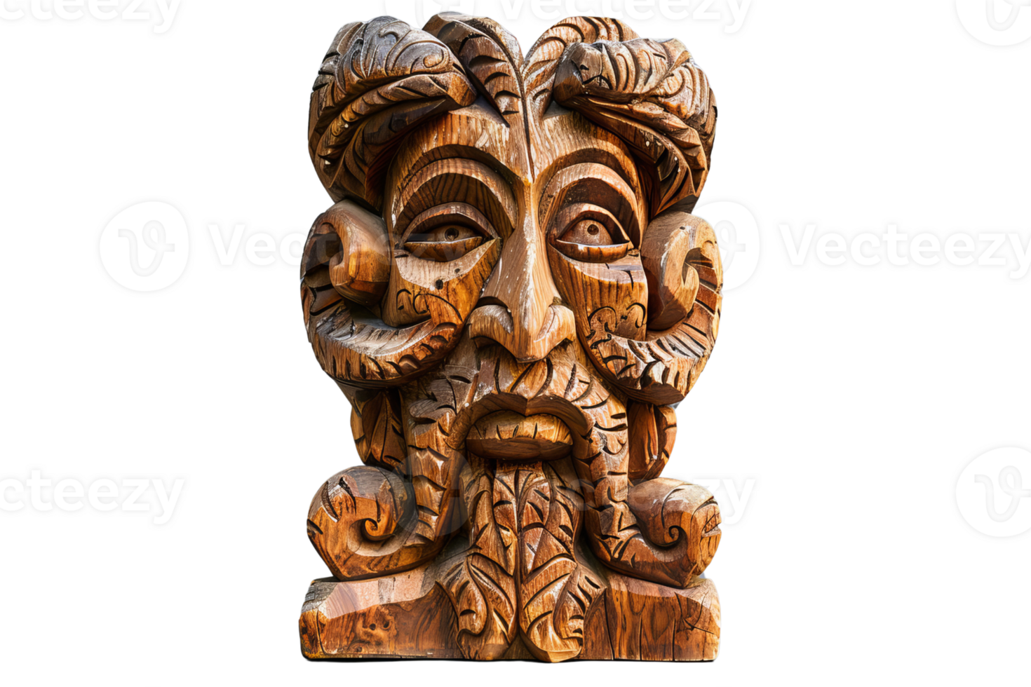 A wooden face with horns and a beard. The face is carved out of wood and has a unique design png