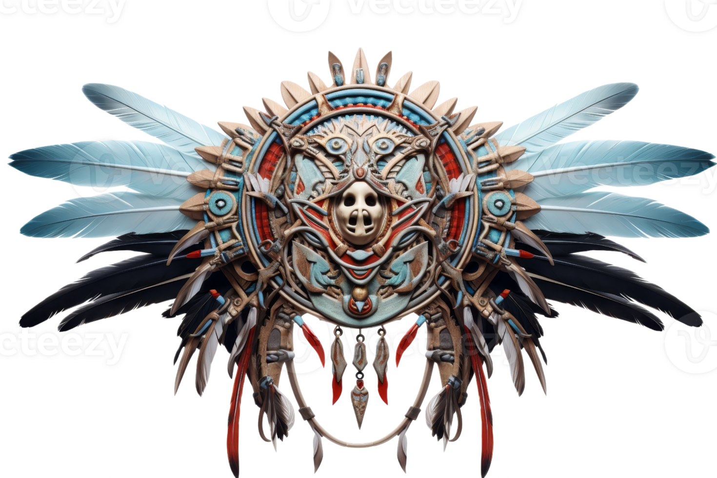 A tribal headdress with feathers and a skull on it. The feathers are blue, red, and white png