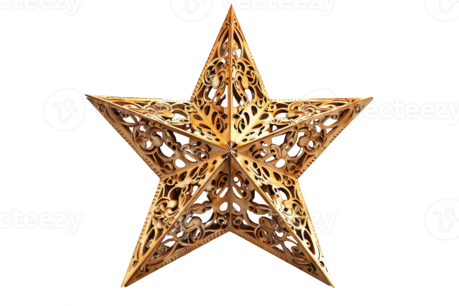A gold star with a lot of detail and a lot of holes. It looks like a piece of art png