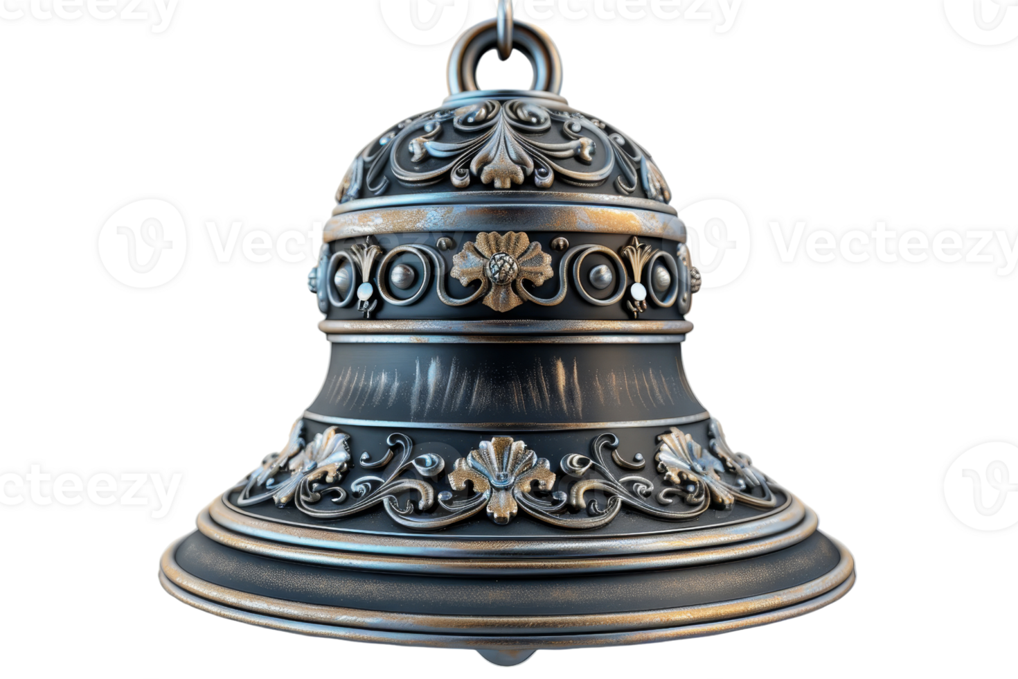 A large bell with gold trim and a floral design. The bell is hanging from a chain and he is old png