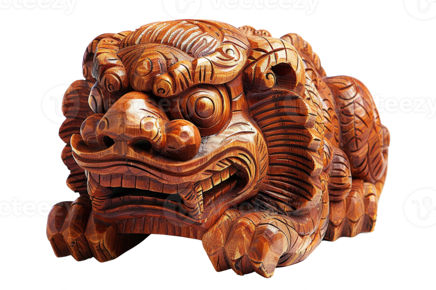 A wooden dragon with a menacing look on its face. The dragon is laying on its side, with its mouth open and its eyes staring ahead. Scene is one of danger and foreboding png