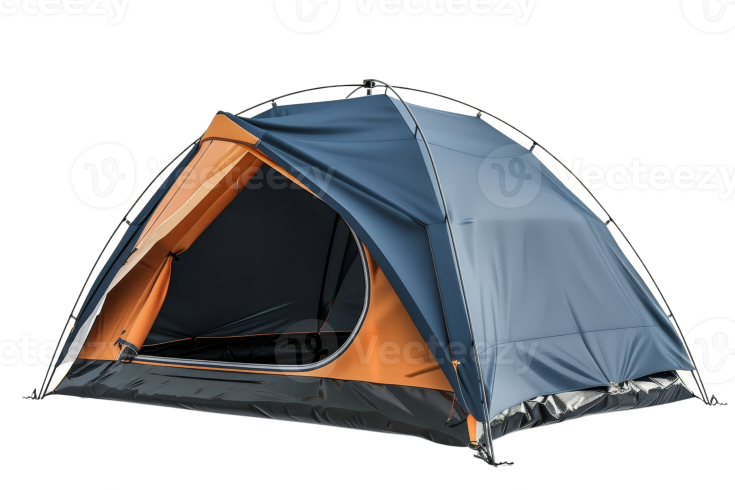 A blue and orange tent with a black and orange floor. The tent is open and ready for use png