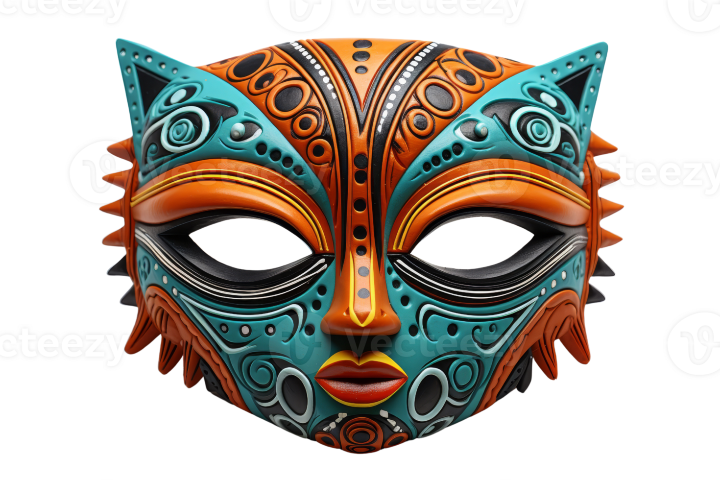 A cat mask with blue and orange colors. The mask has a cat face with a black nose and a yellow mouth png