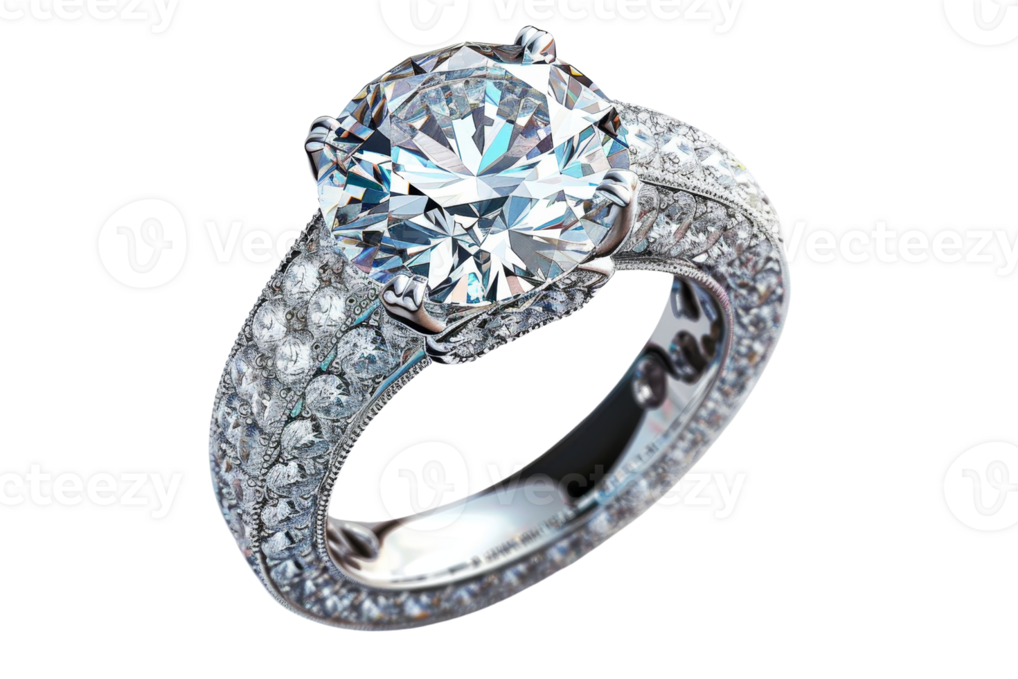 A large diamond ring with a diamond in the center. The ring is set with diamonds and has a gold band png
