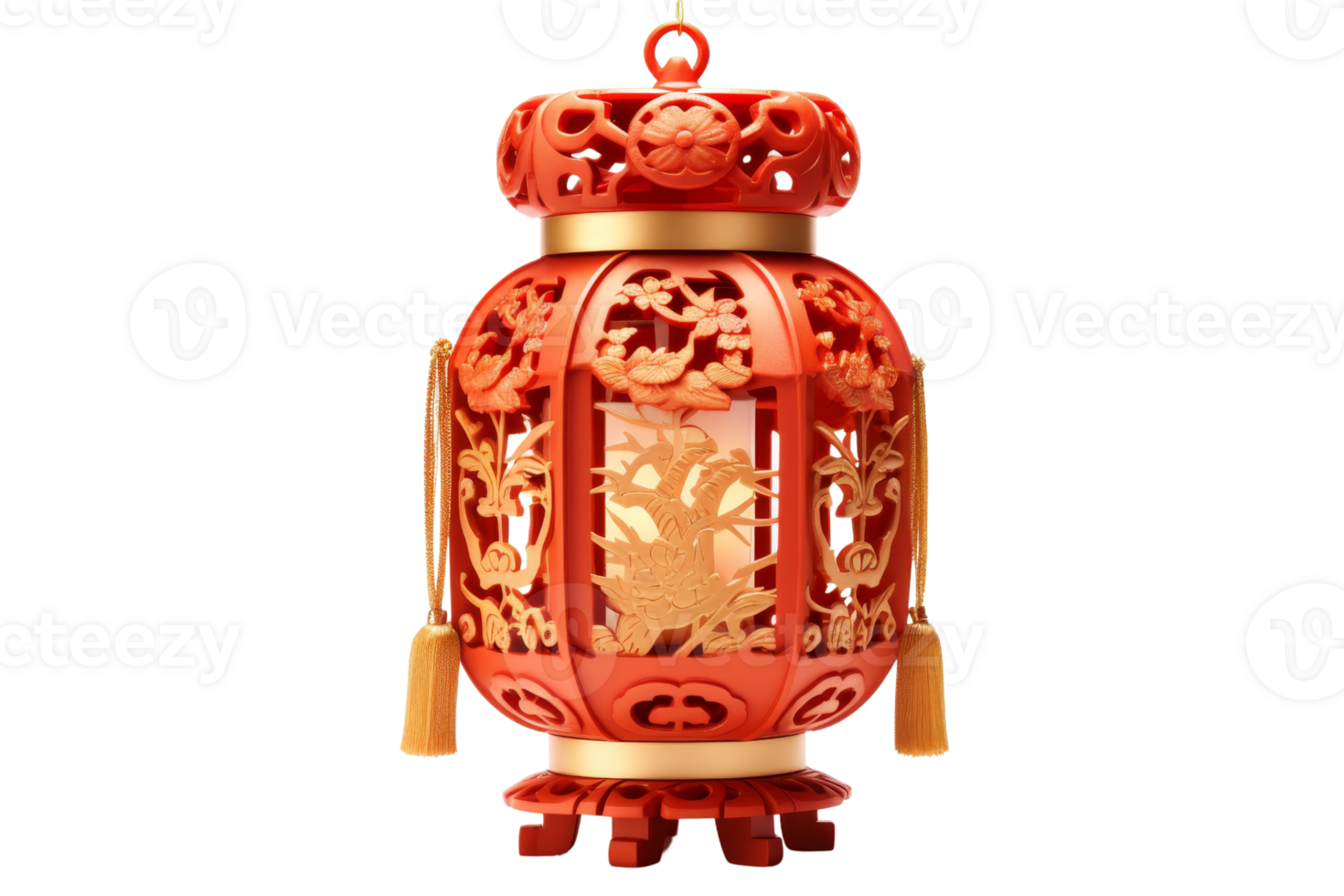 A red lantern with gold trim and a gold chain hanging from it. The lantern is decorated with flowers and birds png