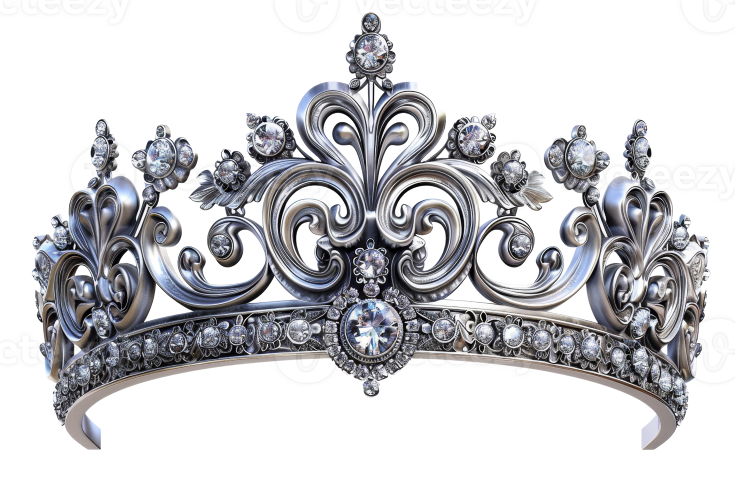 A silver and crystal tiara with a diamond design. The tiara is very ornate and has a lot of detail png