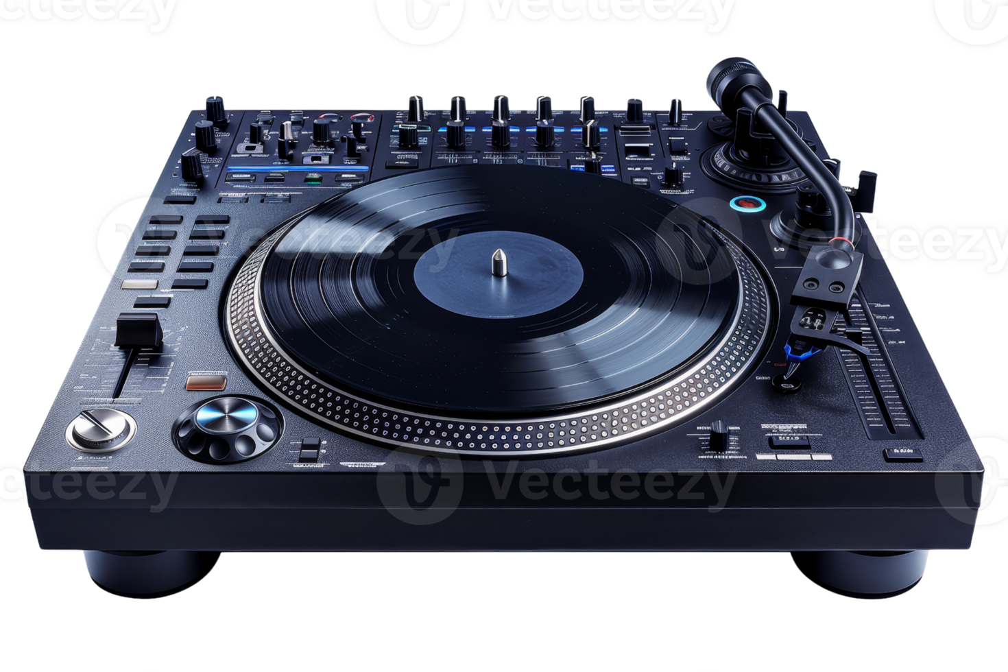 A black turntable with a black record on it. The turntable is black and has a blue and blue design png