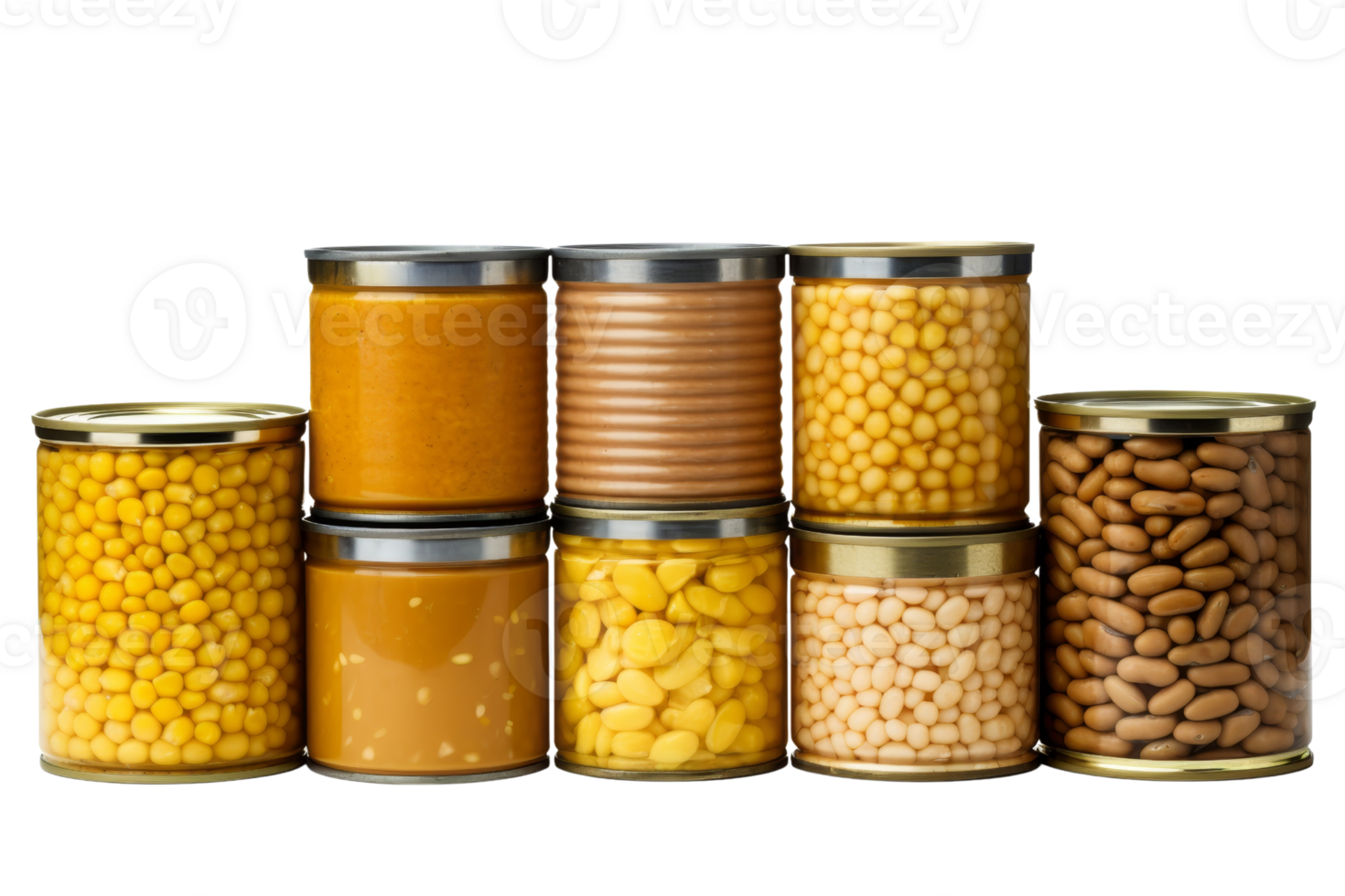 A row of canned food including beans, corn, and other items. The cans are lined up in a row png