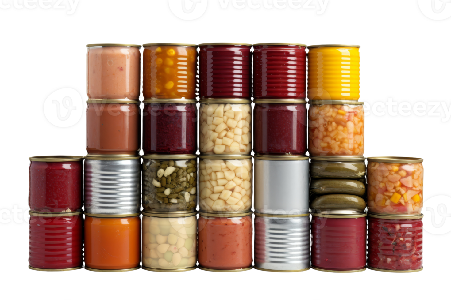 A stack of canned food with a variety of colors and flavors. Concept of abundance and variety, as well as the idea of being prepared for any situation png