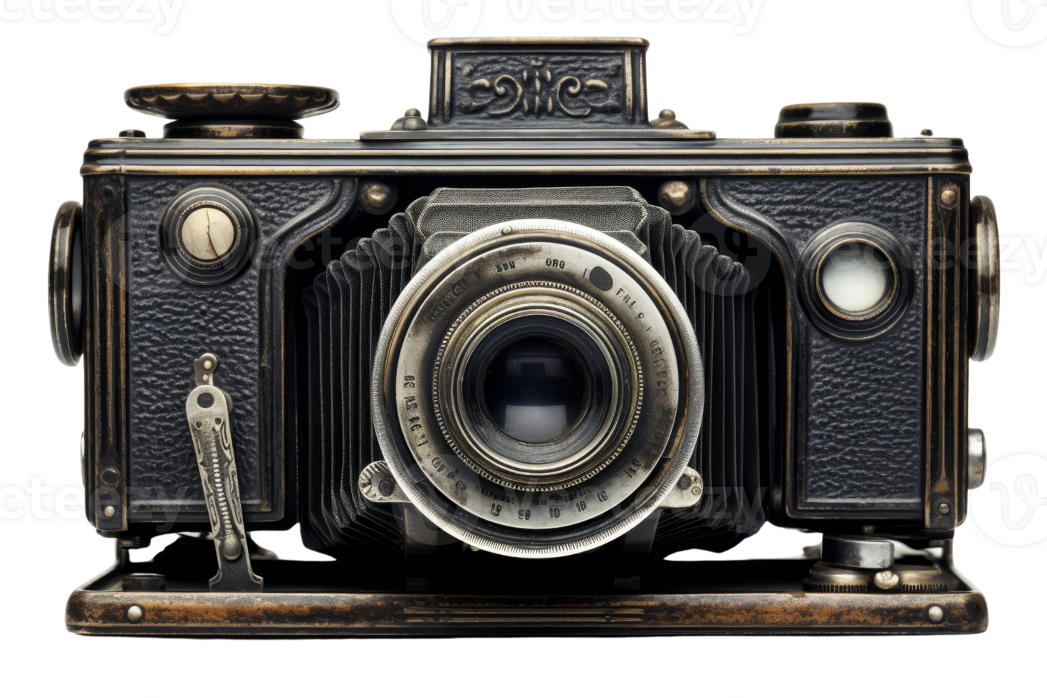 A vintage camera with a black body and a silver lens. The camera is old and has a vintage look to it png