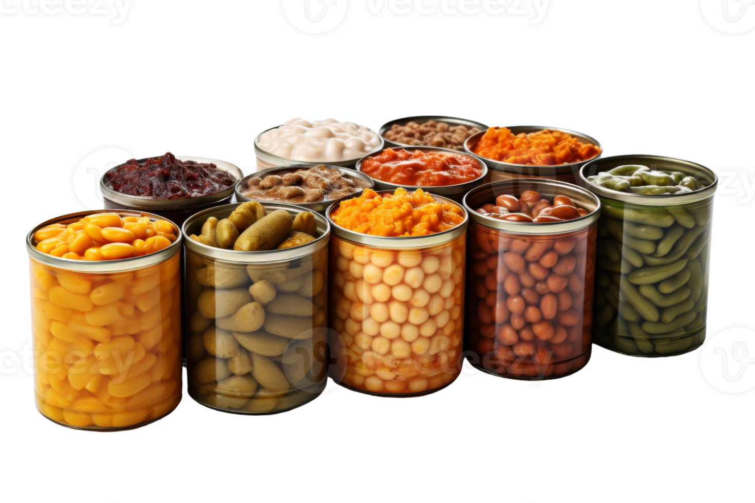 A row of canned vegetables including beans, green beans, and pickles. The cans are lined up in a row, with some of them being taller than others png