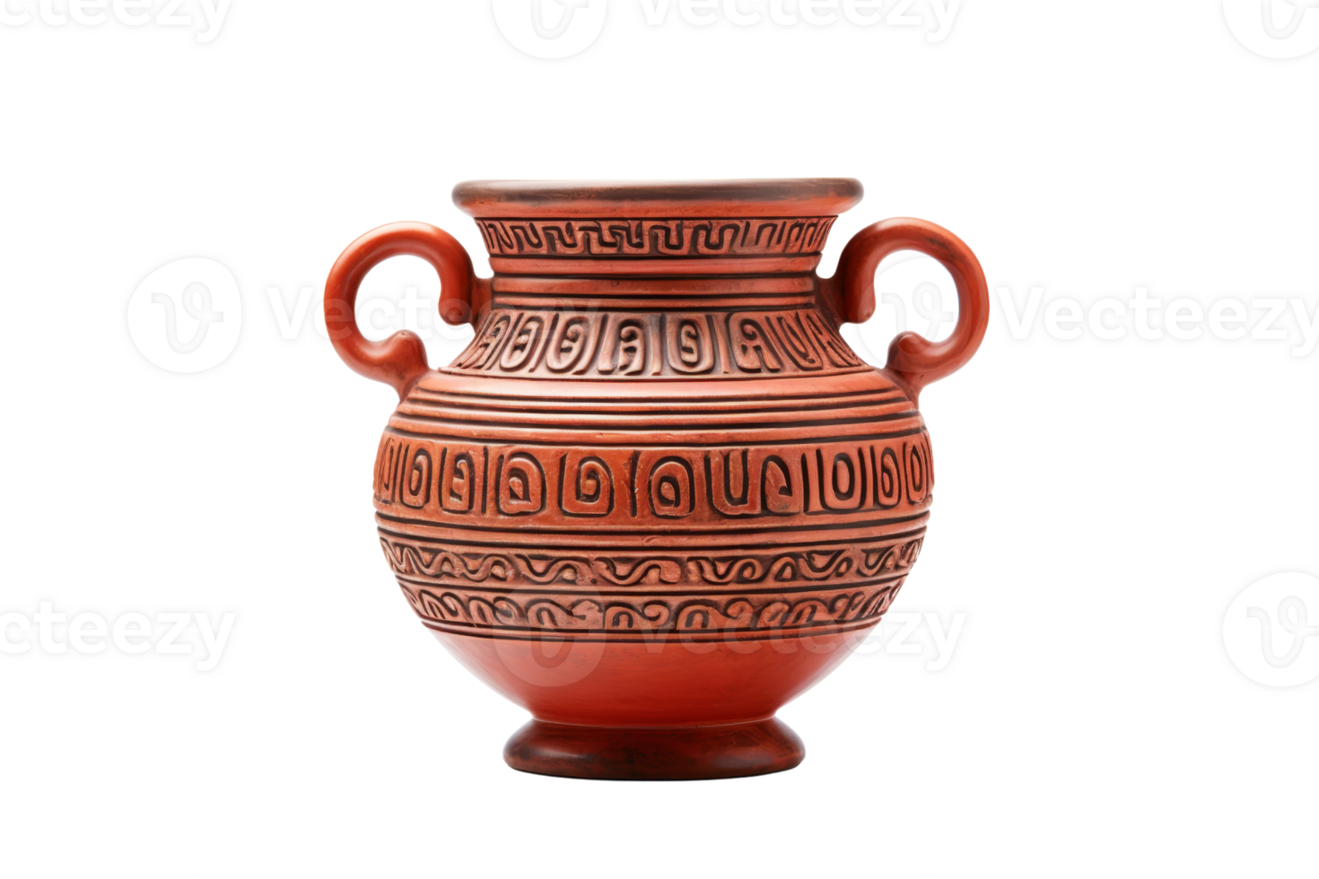 Beautifully crafted ancient Greek-style terracotta vase with intricate geometric patterns and two handles, perfect for home decoration or artistic display. png