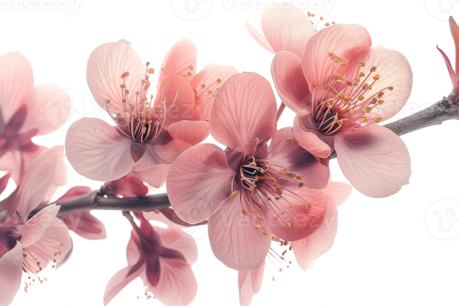 Beautiful close-up image of blooming pink cherry blossom flowers on a branch, showcasing delicate petals and vibrant colors. png