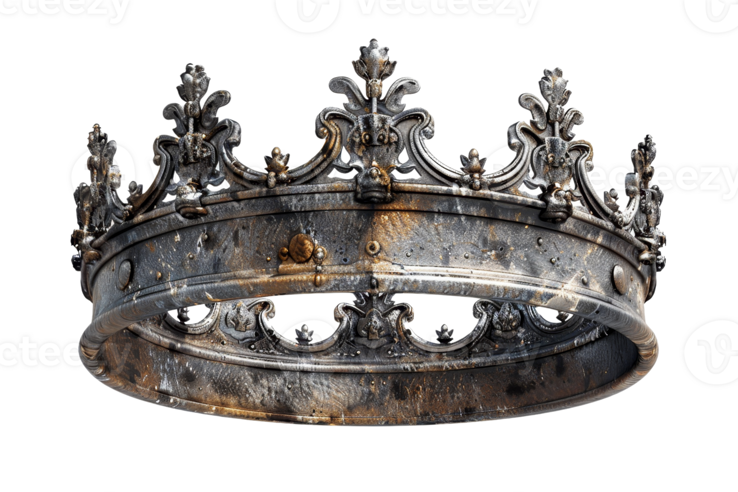An ornate, rusted metal crown with intricate designs, symbolizing royalty, power, and historical heritage. Ideal for medieval themes. png
