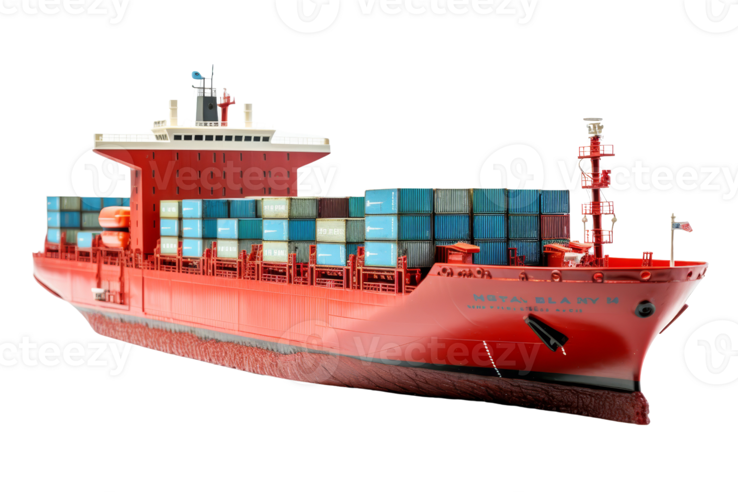 Container cargo ship in red, fully loaded and ready for transport on international waters. Ideal for transportation, logistics, and shipping themes. png
