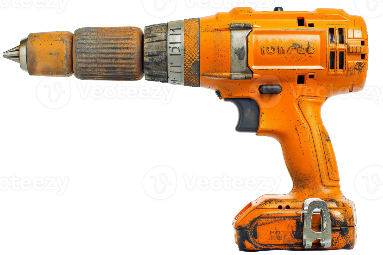 High-resolution image of an orange cordless power drill with a rugged, worn appearance, perfect for DIY projects and construction contexts. png