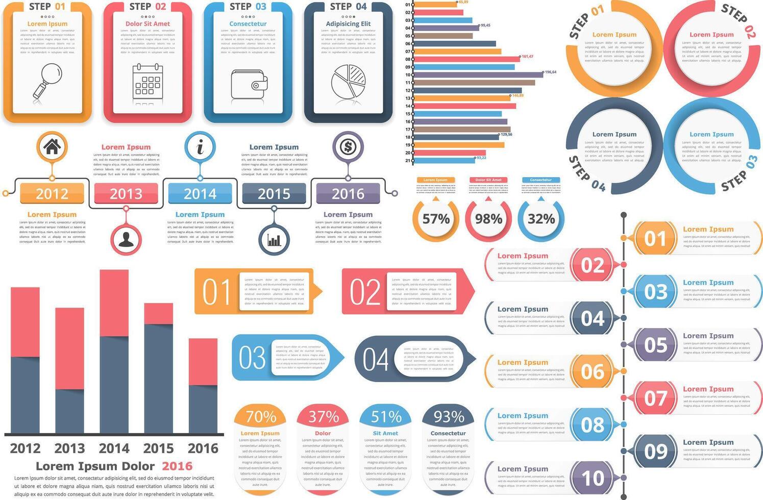 Infographic elements - objects with numbers and text, bar graphs, circle diagram, timeline, objects with percents and text, process diagram vector