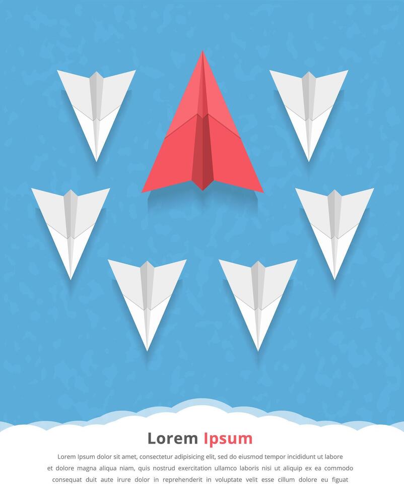 Big red paper airplane as a leader among white airplanes, leadership, teamwork, motivation, stand out of the crowd concept vector