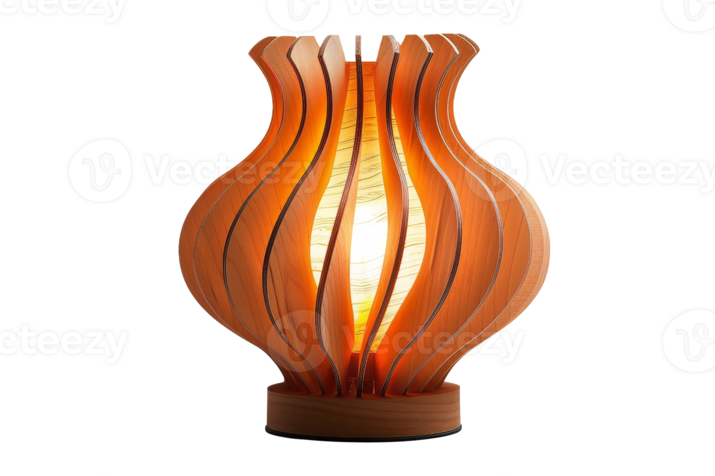 Modern wooden table lamp with a unique, sculptural design and warm ambient light, perfect for home decor or office use. png