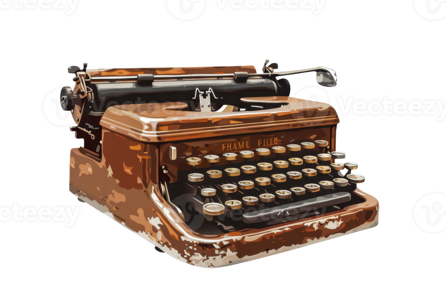 vintage typewriter with a brown body. The typewriter is isolated on a transparent background. png