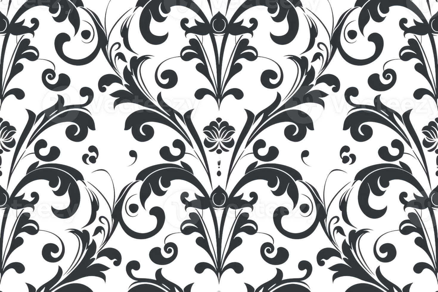 black pattern of leaves and flowers. It is a seamless pattern that can be used for fabric, wallpaper, or other home decor projects. png