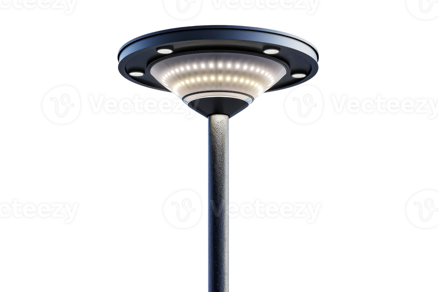 A light fixture with a round base and a black pole. The light fixture is lit up and has a futuristic look png