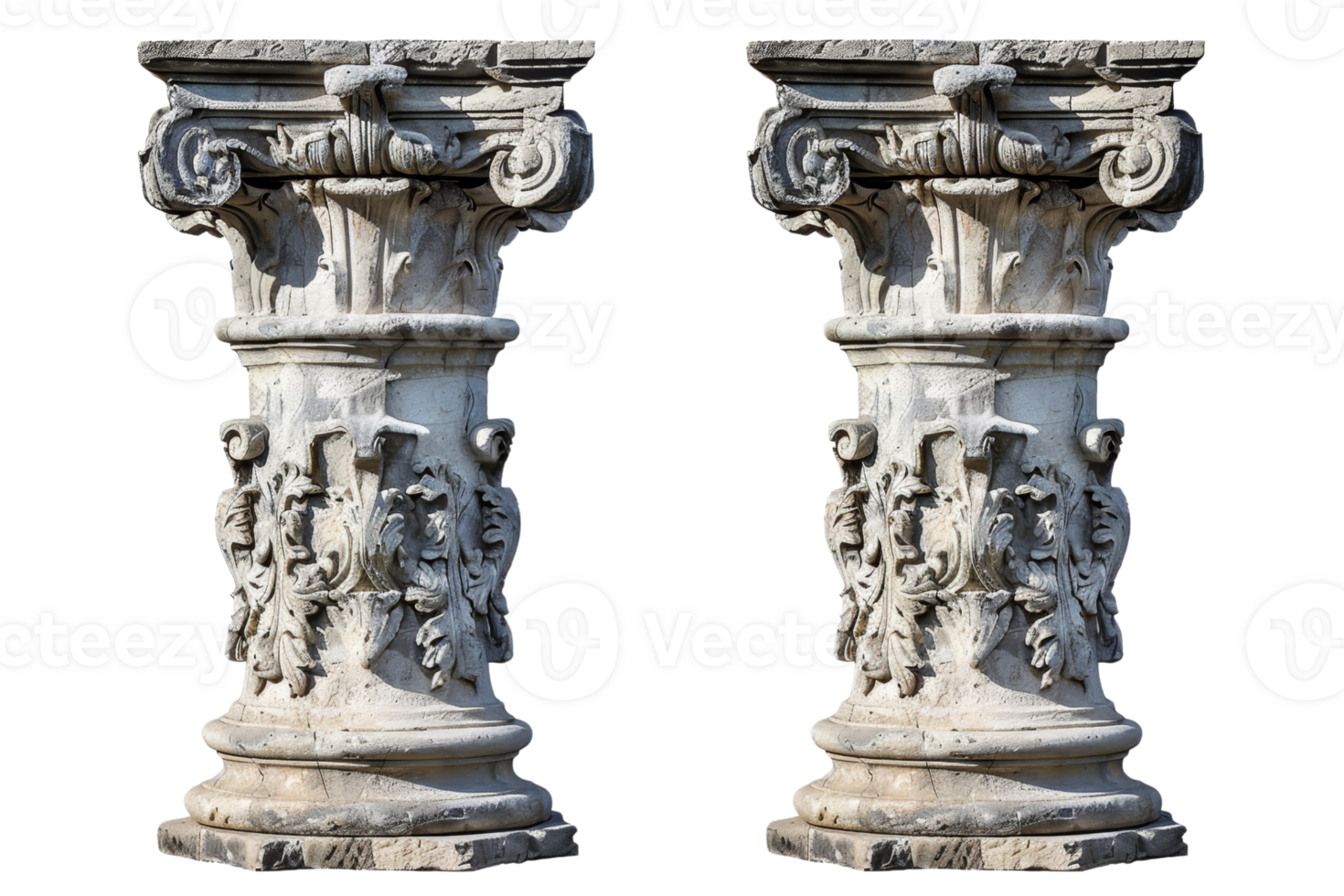 Two intricately carved stone Corinthian columns, featuring ornate details and classical design elements, isolated on a transparent background. png