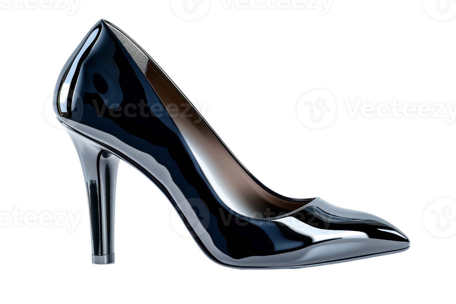 A black high heel shoe with a pointed toe. The shoe is made of patent leather and has a shiny finish png