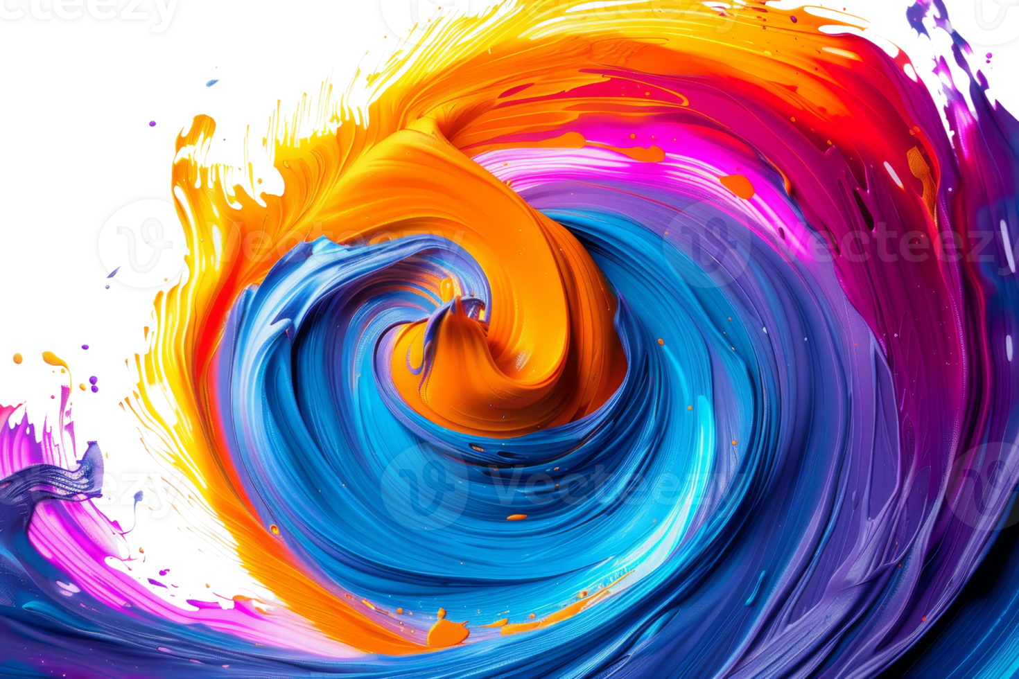 Vivid abstract swirl of colorful paint blending vibrant blues, oranges, and pinks, creating a dynamic, energetic visual art composition. png