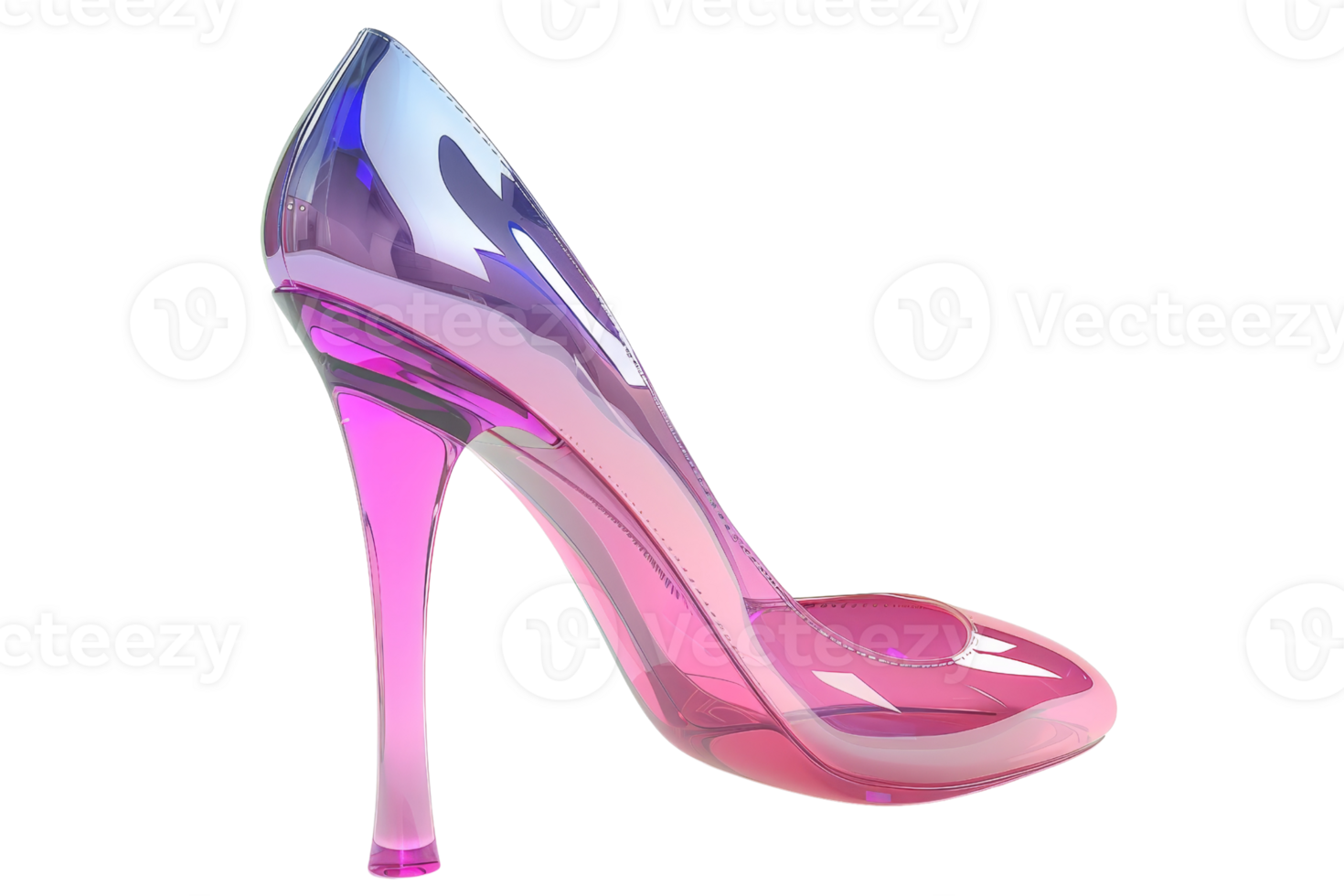 A pink and blue high heel shoe with a clear plastic sole. The shoe is very colorful and has a unique design png