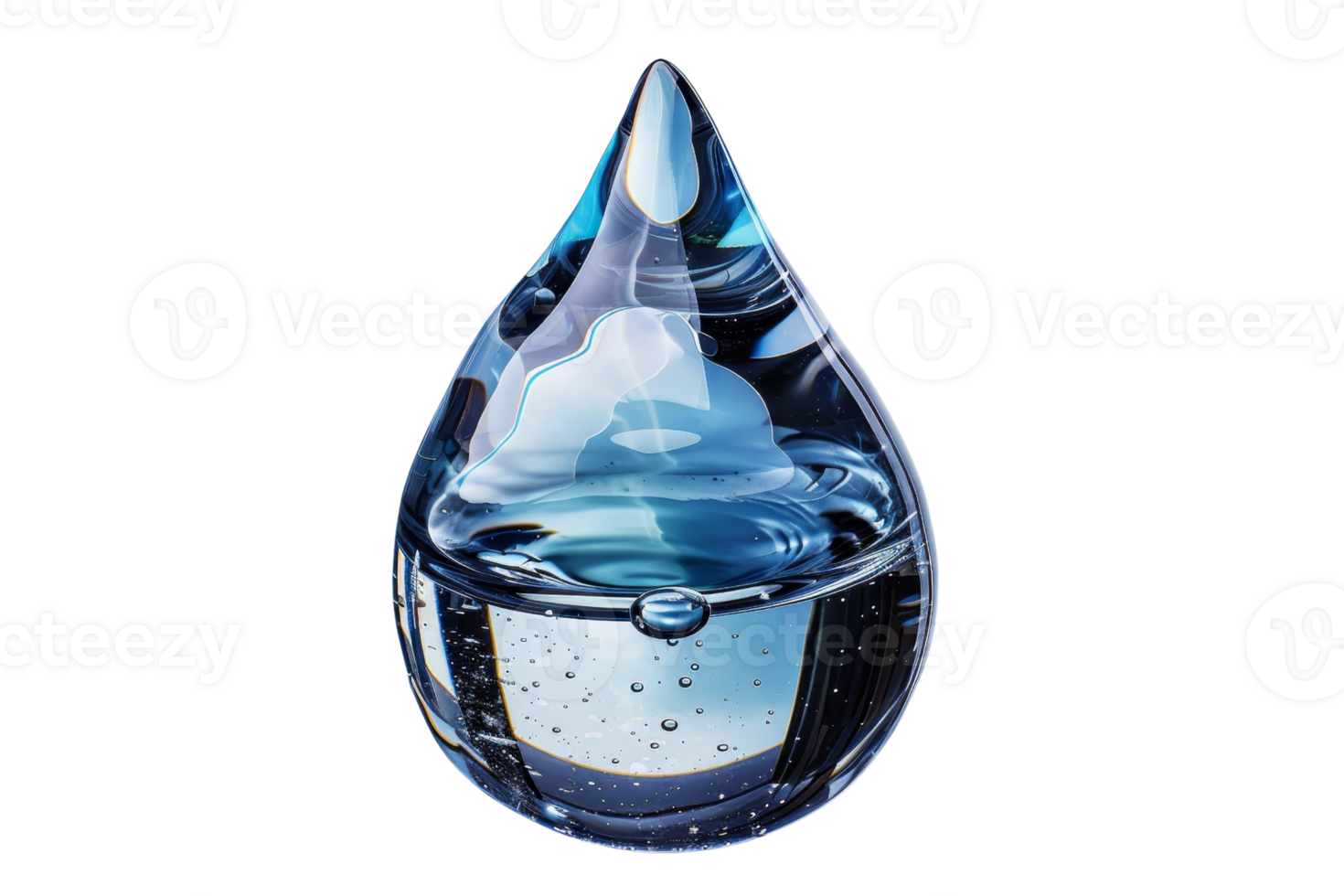 A blue drop of water is shown in a glass. The water is clear and has a slight blue tint. The drop is suspended in the air, giving it a sense of weightlessness. Concept of calm and tranquility png