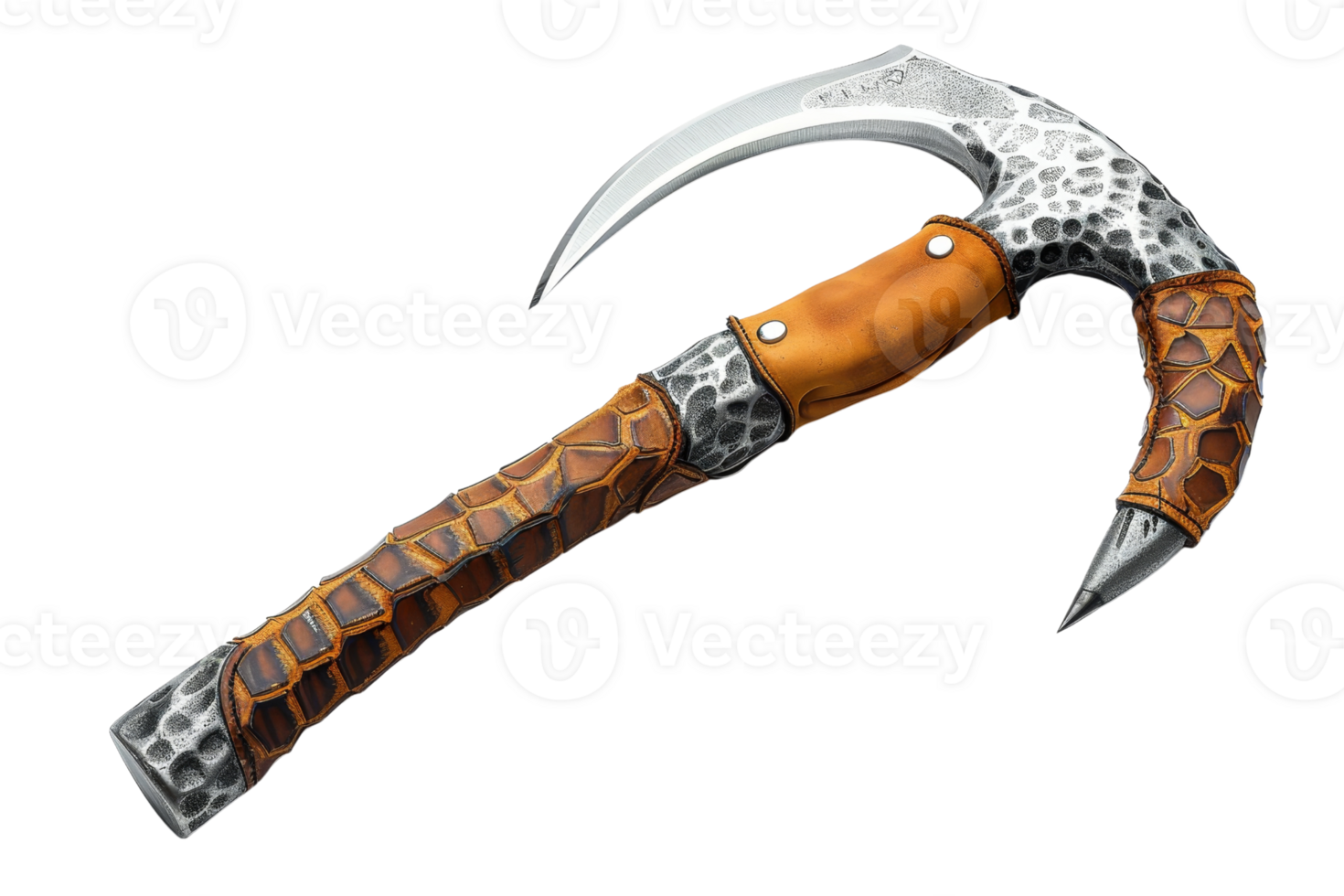 A large, sharp knife with a brown handle and a black tip. The knife is made of metal and has a unique design png