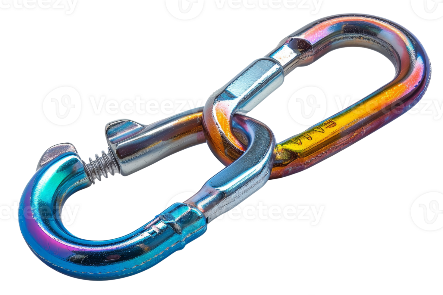A colorful chain with a silver bolt in the middle. The chain is twisted and has a rainbow effect png
