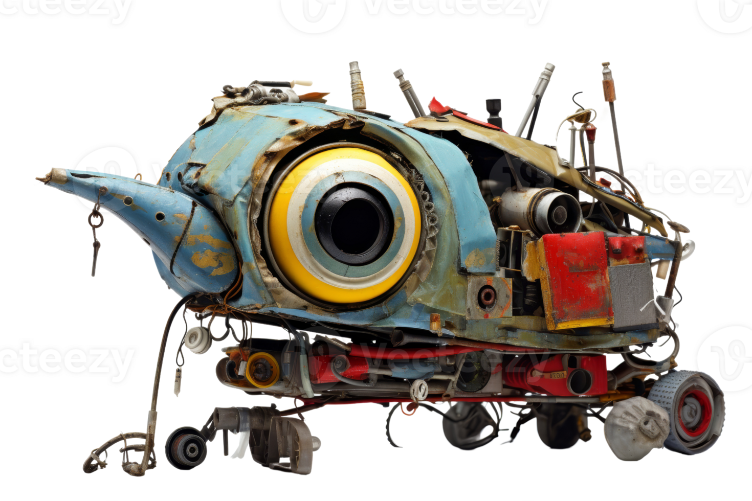 A robot with a yellow eye and a blue body. The robot is made of metal and has a lot of wires and gears. It looks like it's broken and in need of repair. Scene is one of decay png