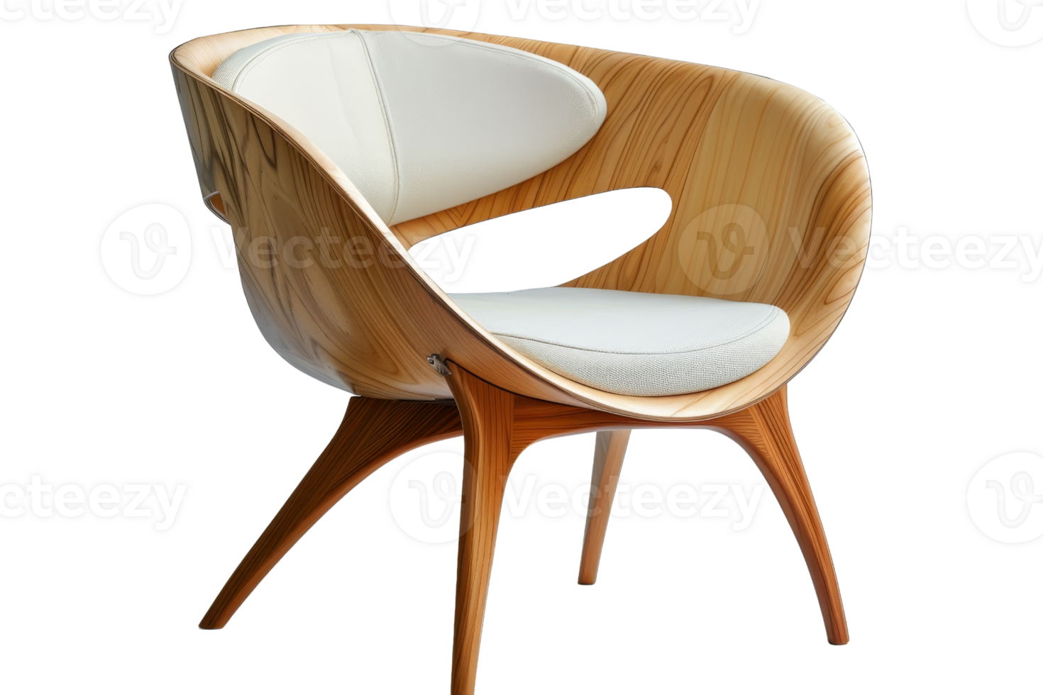 A wooden chair with a white cushion and a black trim. The chair is modern and stylish, with a unique design that sets it apart from traditional chairs png