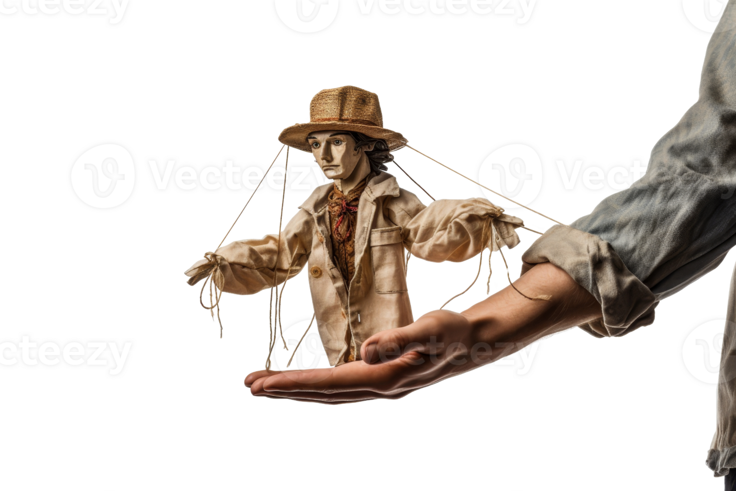A hand holding a puppet with a string tied to it. The puppet is wearing a straw hat and a white shirt png