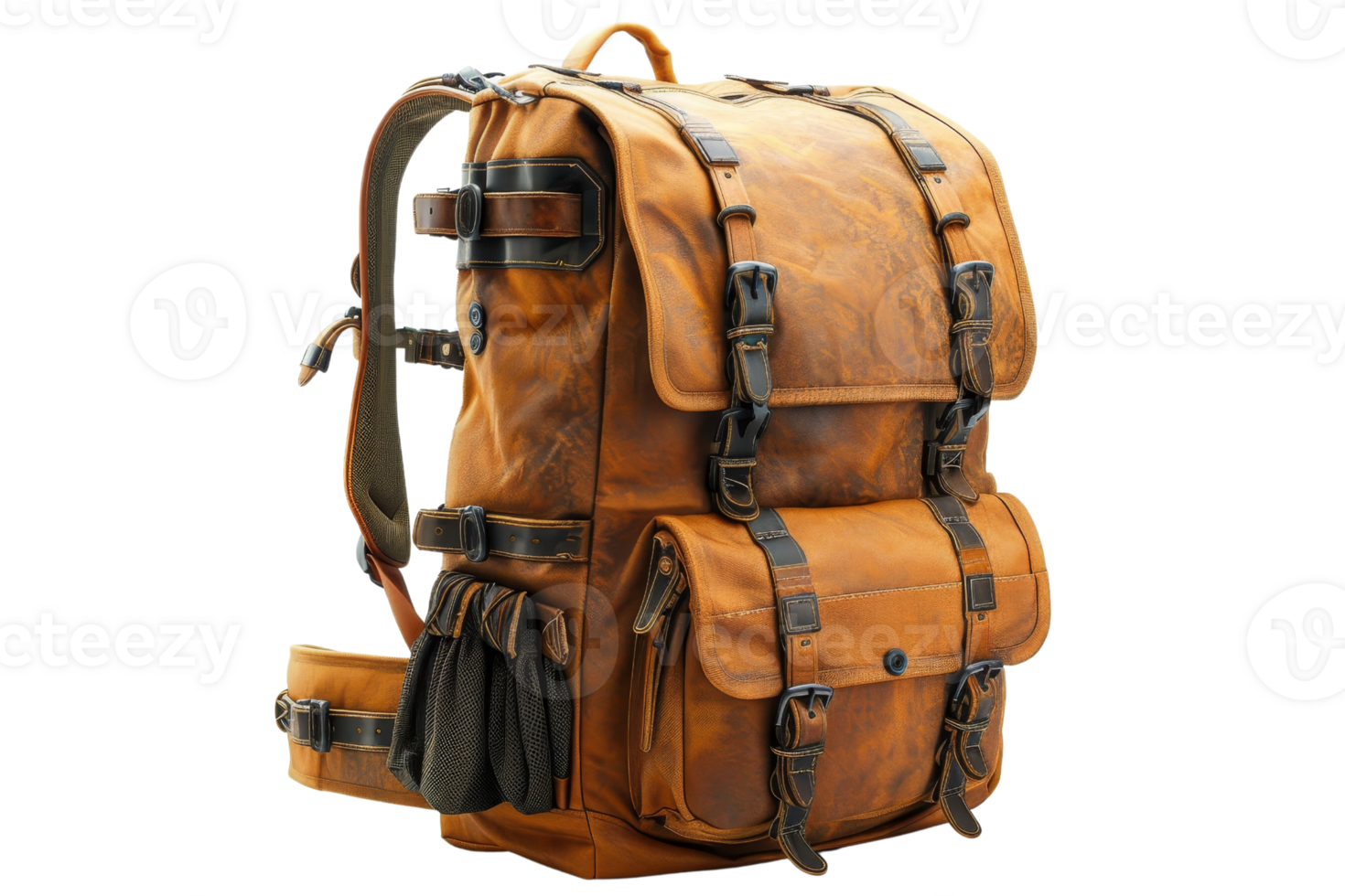A tan leather backpack with a black strap. The straps are attached to the backpack and the straps are attached to the backpack png