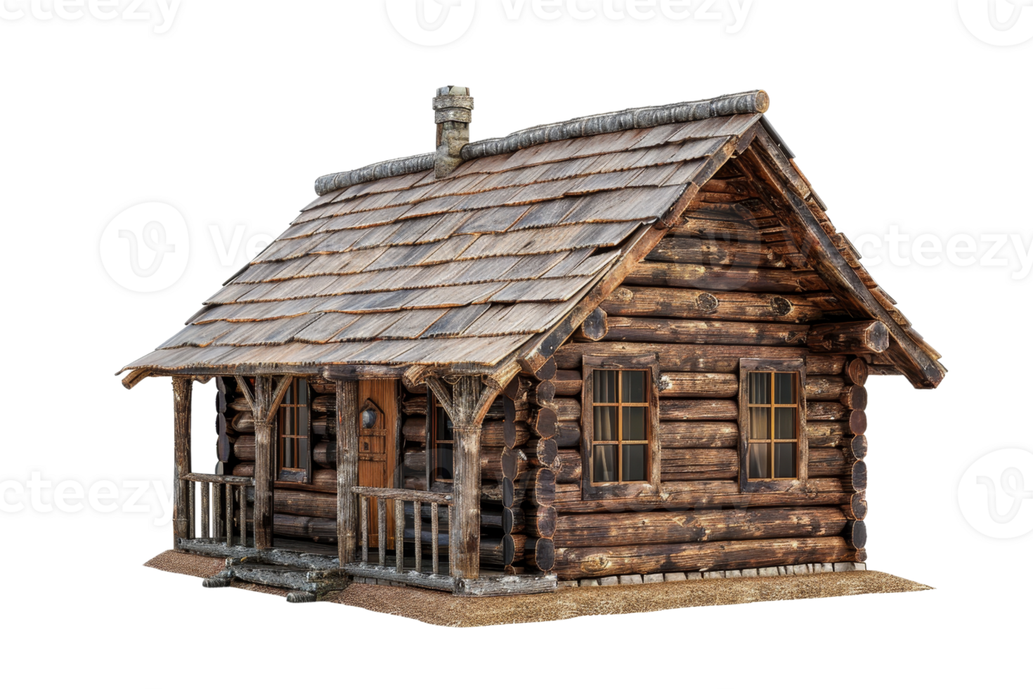 A log cabin with a porch and a chimney. The cabin is old and rustic, with a wooden exterior. The porch is a welcoming entrance to the cabin, and the chimney suggests that it is a cozy png