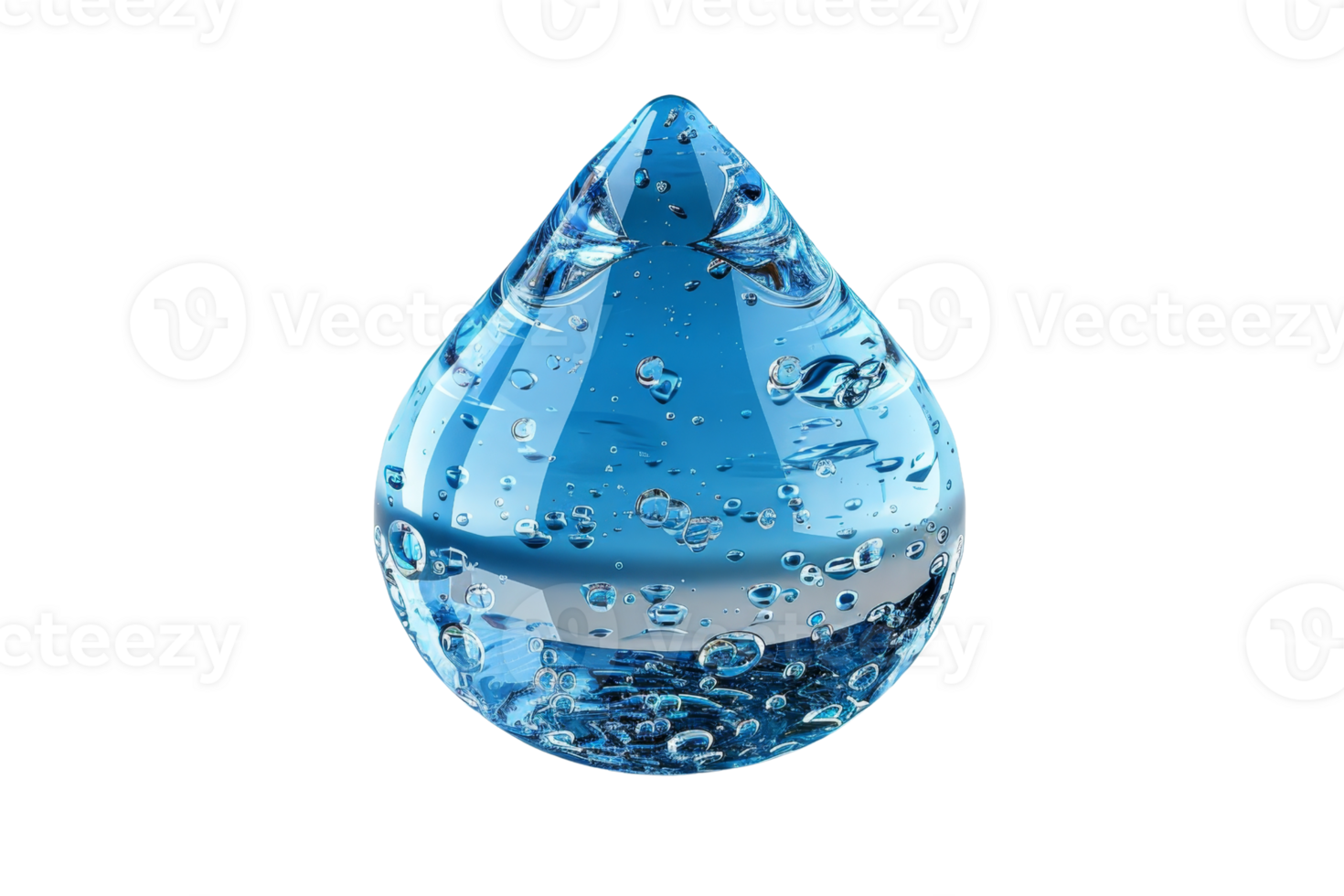 A blue water droplet with many small bubbles. The droplet is surrounded by a clear glass png