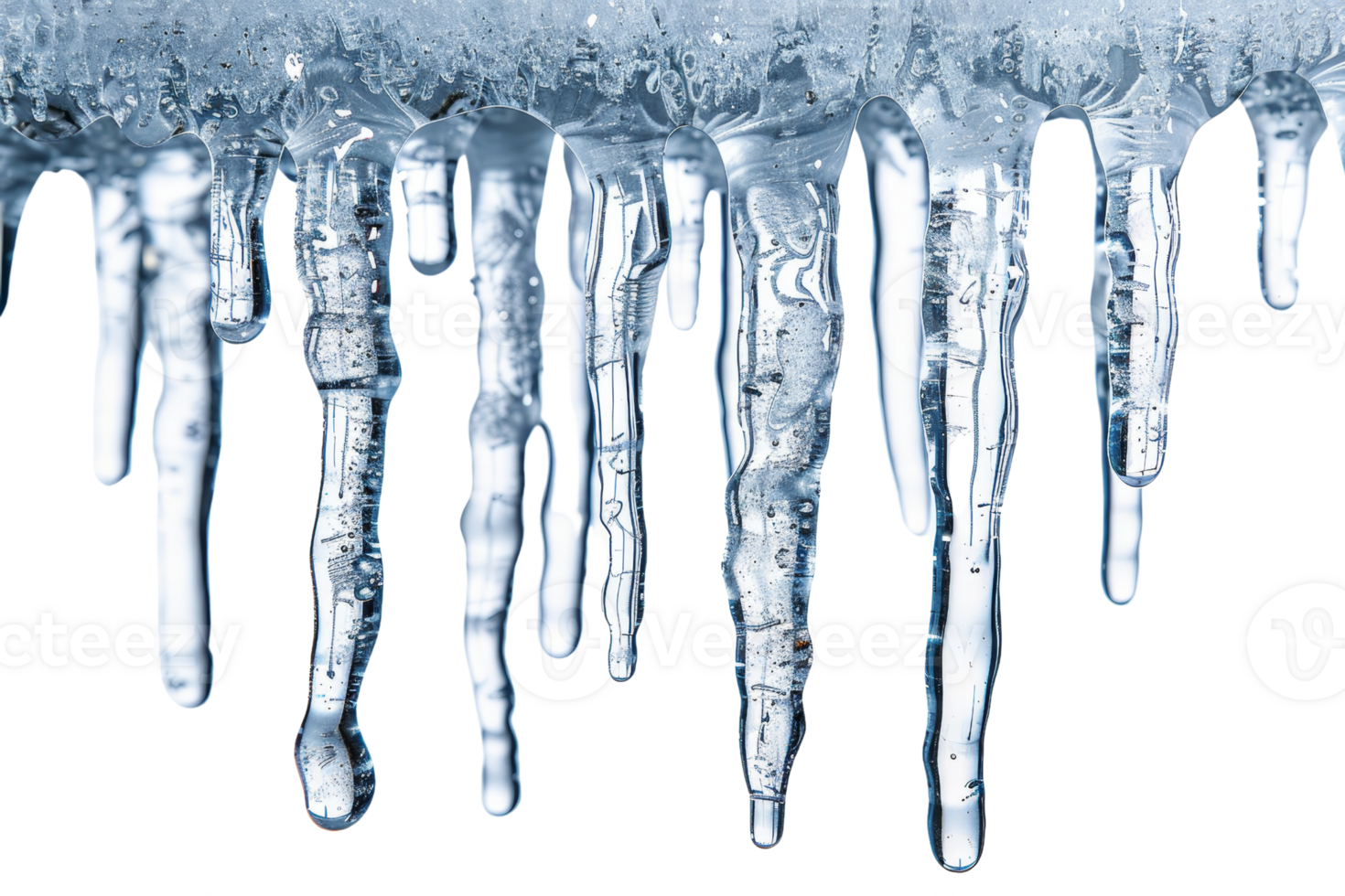 A long line of icicles hanging from a roof. The icicles are clear and shiny, and they seem to be frozen in mid-fall. Concept of stillness and tranquility png