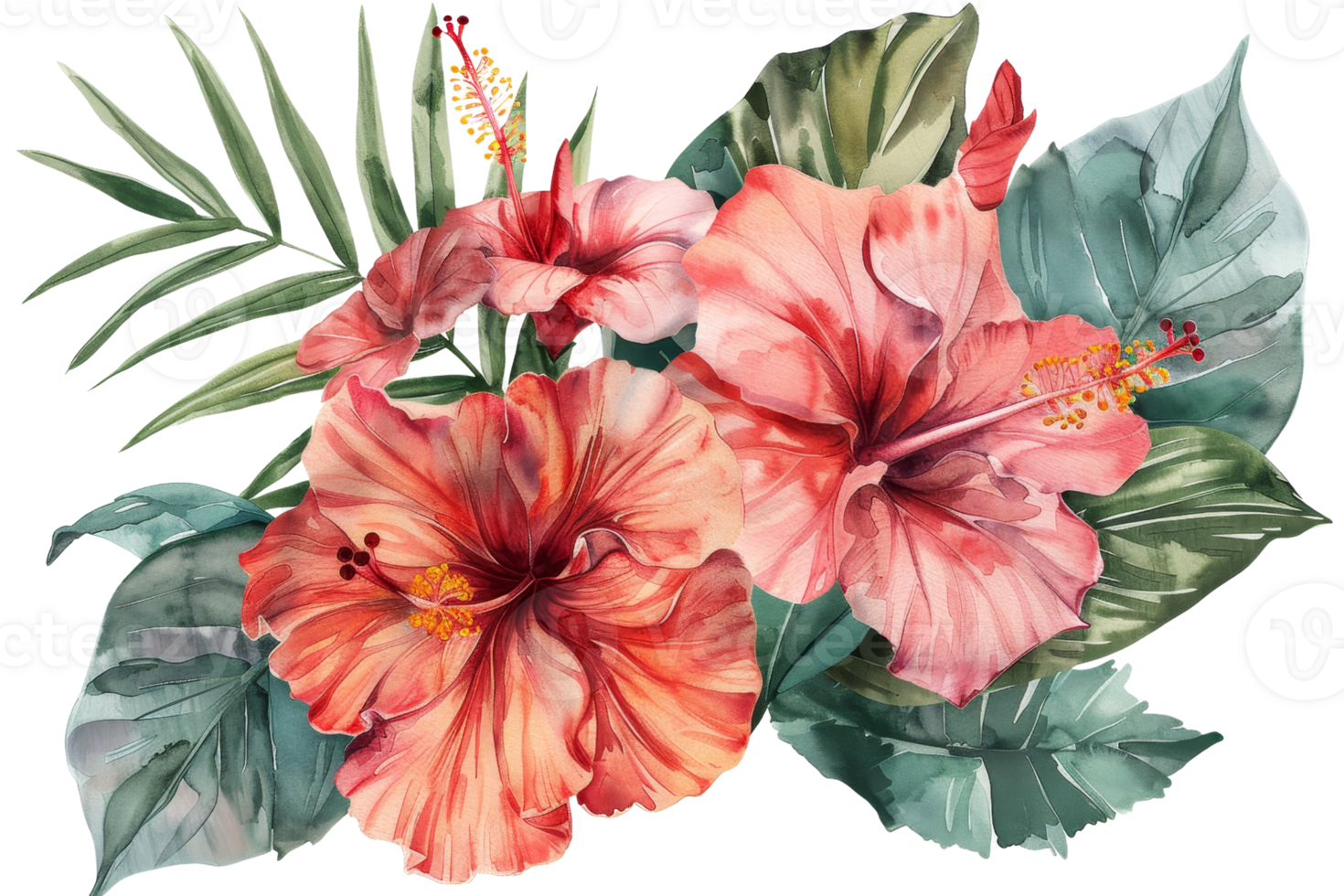 A painting of a flower with a green stem and leaves. The flower is pink and has a yellow center png