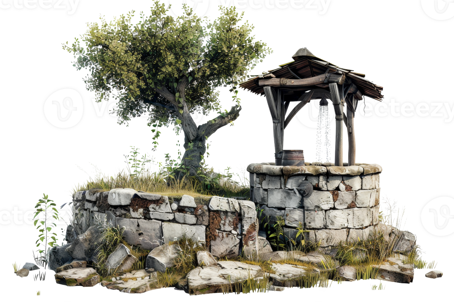 A stone well with a tree in the background. The well is old and has a rustic appearance png