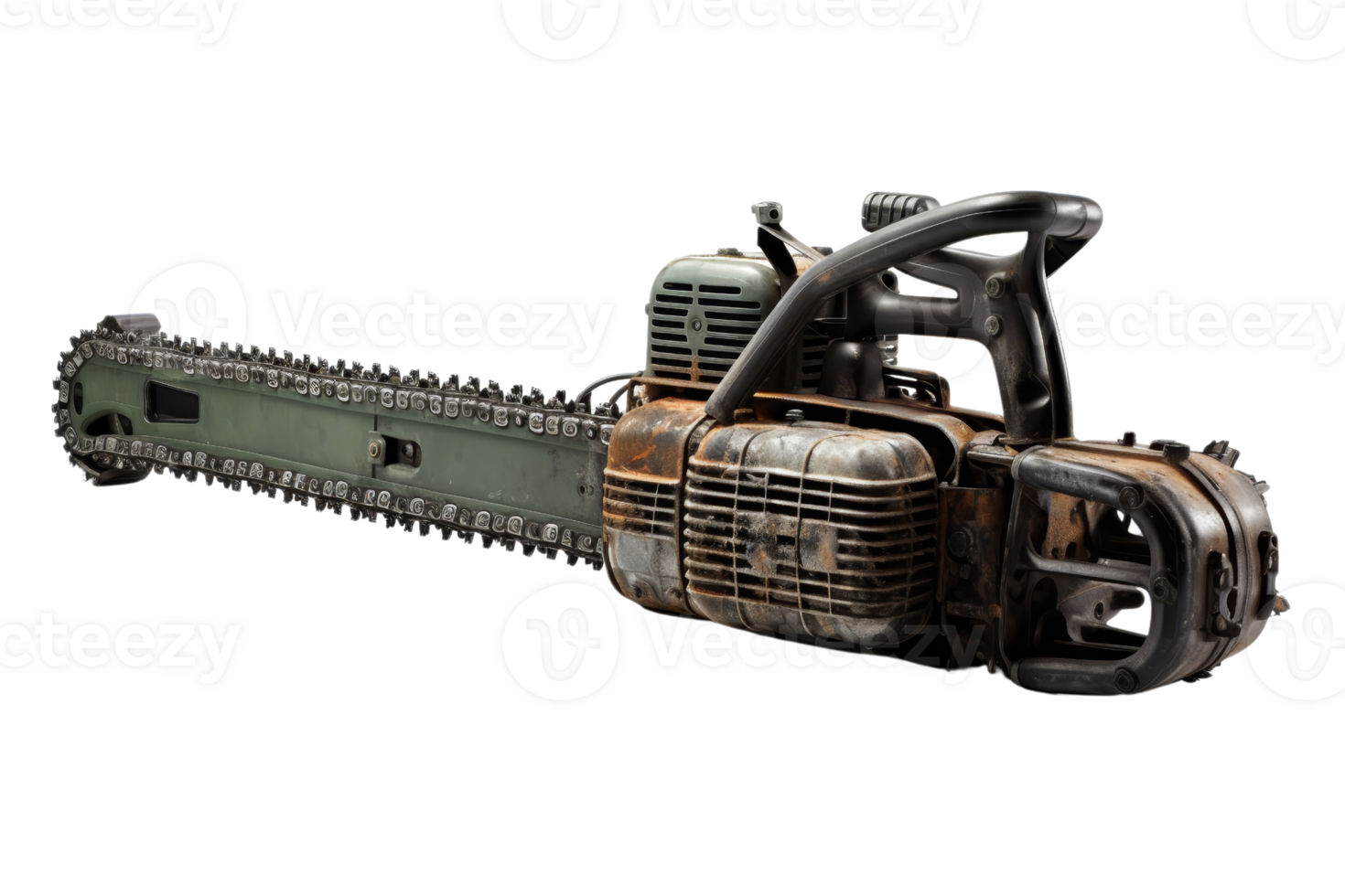 A rusty chainsaw with a green handle. The chainsaw is old and has a lot of rust on it png