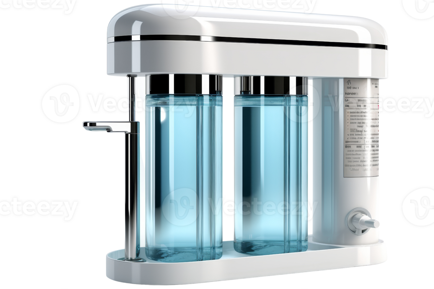 A white water dispenser with two blue containers. The dispenser is clean and shiny png