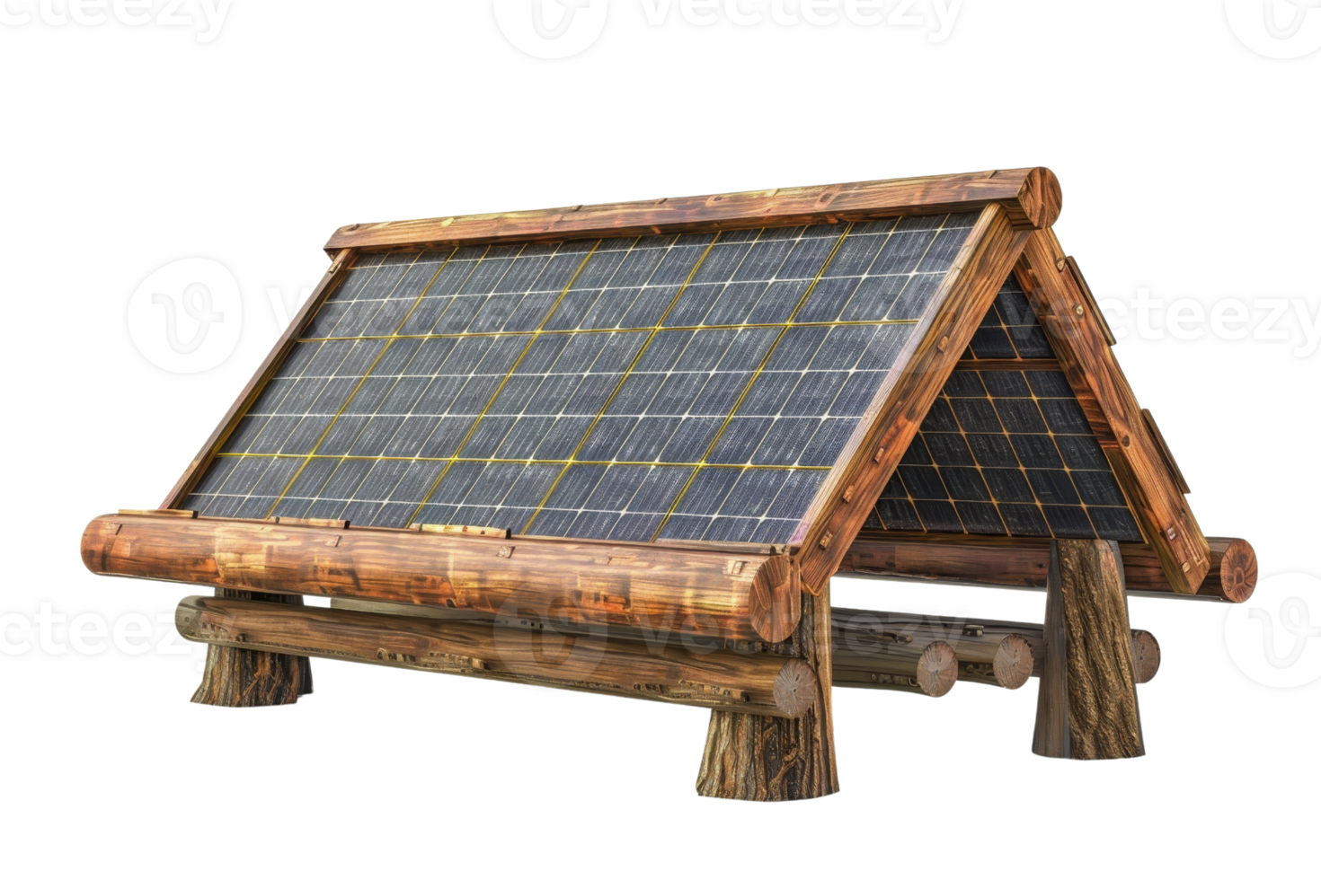 A wooden structure with a black roof and wooden posts. The roof is made of black material and has a pattern of squares png